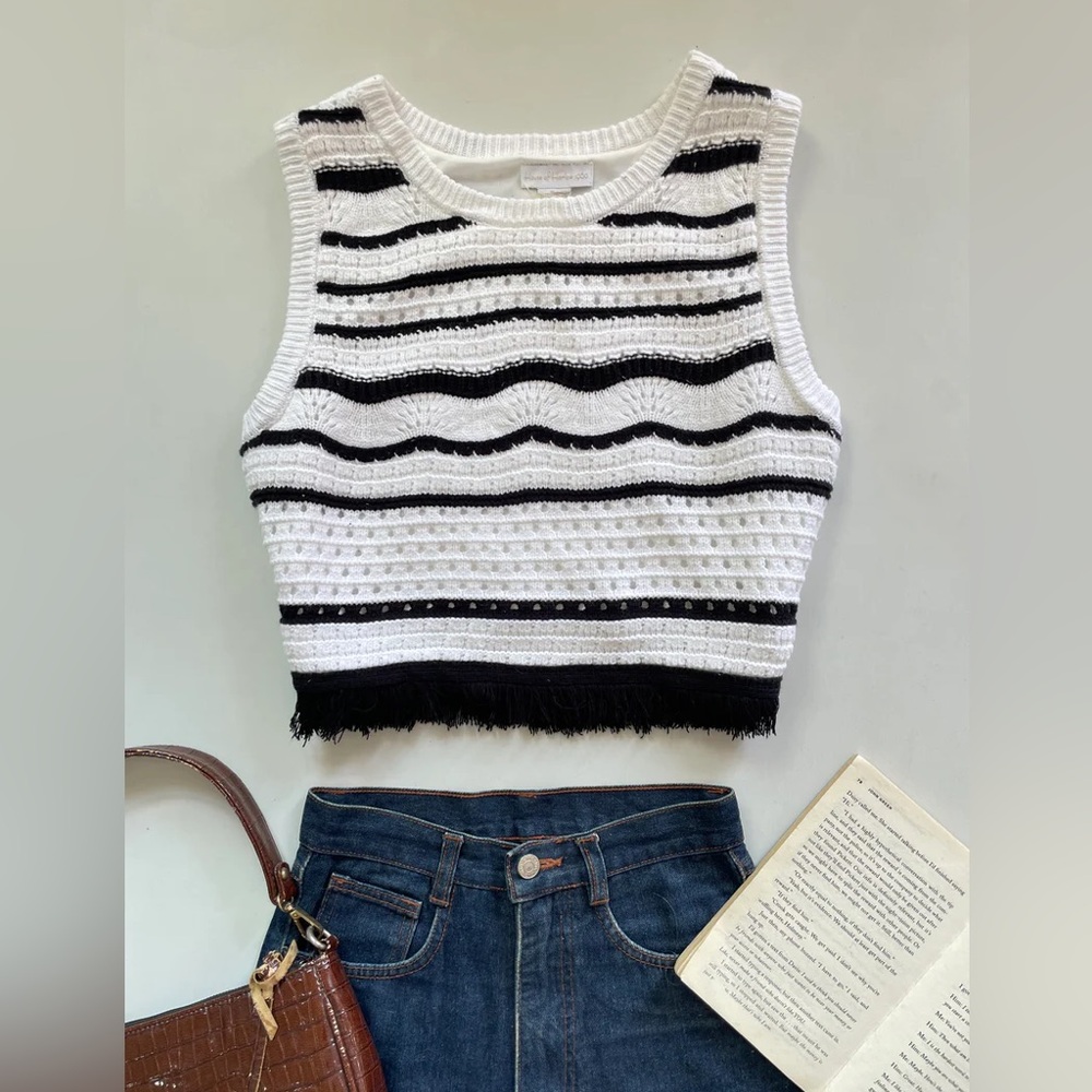 House of Harlow 1960 Striped Cropped Knit Tank Top - White & Black